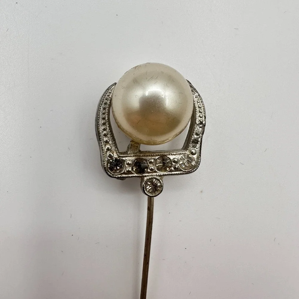 Vintage‎ Y2K Silver Tone Faux Pearl Hair Stick Pin Rhinestone Unisex Jewelry